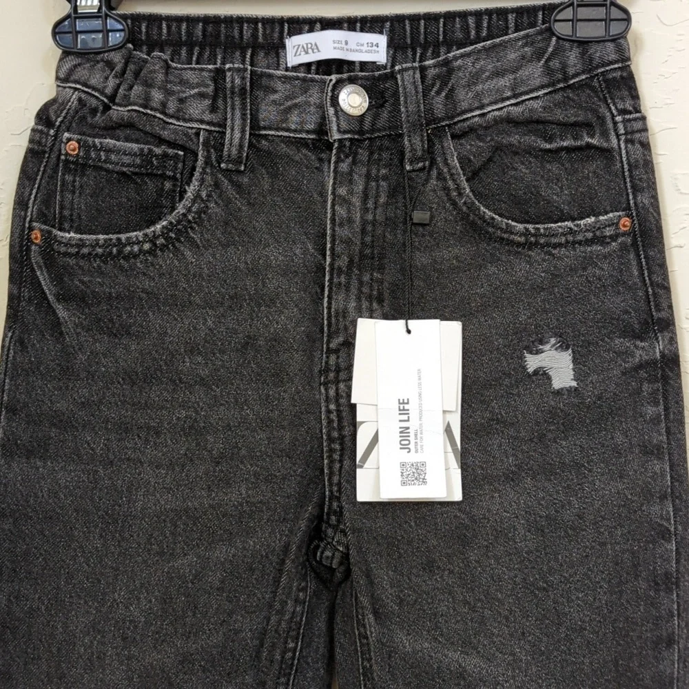 Zara Girls Black Mom Fit Distressed Elastic Waist Jeans Size 9